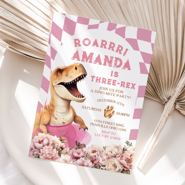 Rosa Dinosaurier Drei-rex Vintage Blütengeburt Einladung (Von Creator hochgeladen)