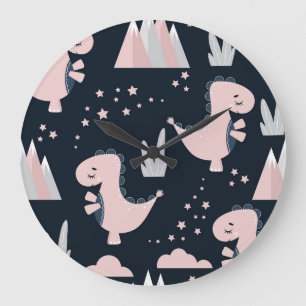 Rosa Dinosaurier, dunkler Hintergrund, niedlich Große Wanduhr