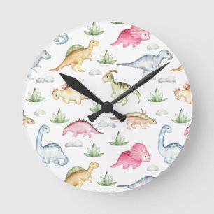Rosa Dinosaurier-Geburtstagsfeier, Mädchen-Dinosau Runde Wanduhr