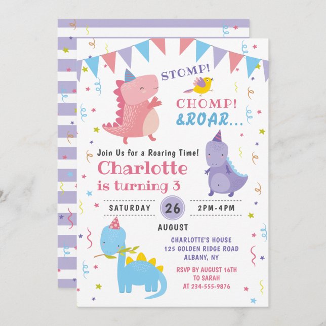 Rosa Dinosaurier Roar Birthday Girls Dino Party Einladung (Vorne/Hinten)
