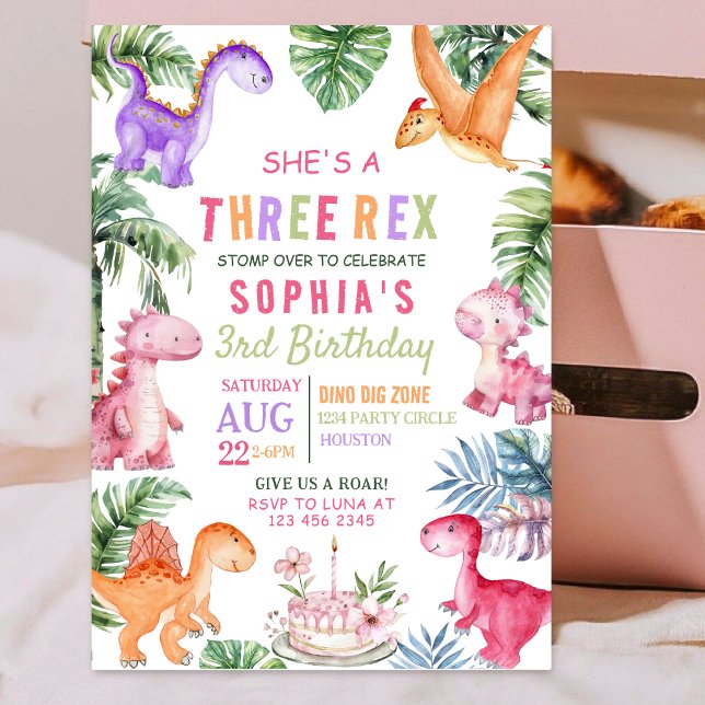 Rosa Dinosaurier Three Rex GIRL Geburtstag Einladung (Von Creator hochgeladen)