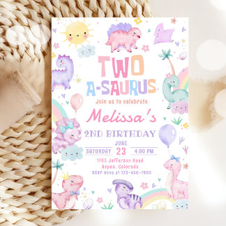 Rosa Dinosaurier Zwei A-Saurus 2. Geburtstags-Part Einladung