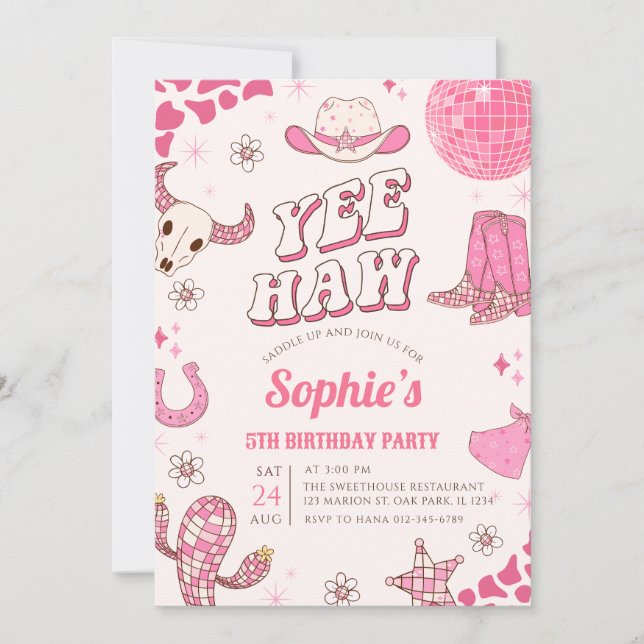 Rosa Disco Cowgirl Rodeo Geburtstagsparty Einladung (Vorderseite)