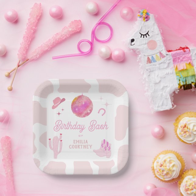 Rosa Disco Cowgirl Western Rodeo Birthday Bash Pappteller (Party)