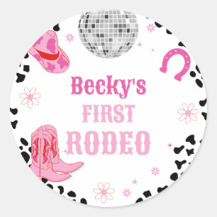 Rosa Disco First Rodeo Cowgirl 1. Geburtstag Runder Aufkleber