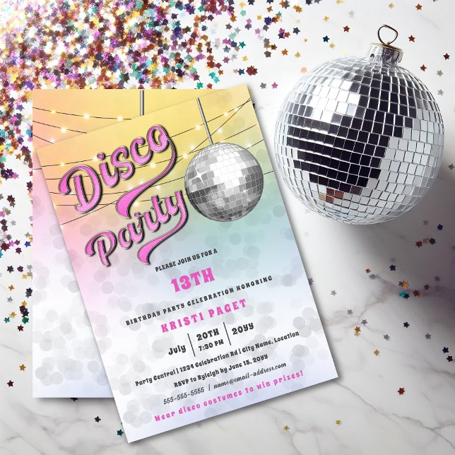 Rosa Disco Party Geburtstag Einladung (Fun disco party invitation front and back view.)
