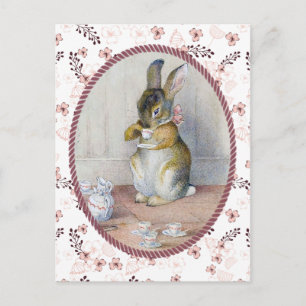 Rosa Ditsy Blumen Vintage-Hasen-Tee Postkarte