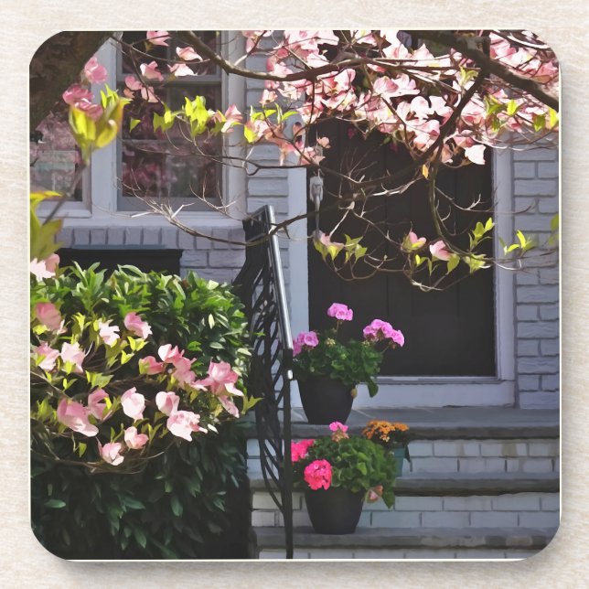 Rosa Dogwood und Pots of Geraniums Getränkeuntersetzer (Vorderseite)