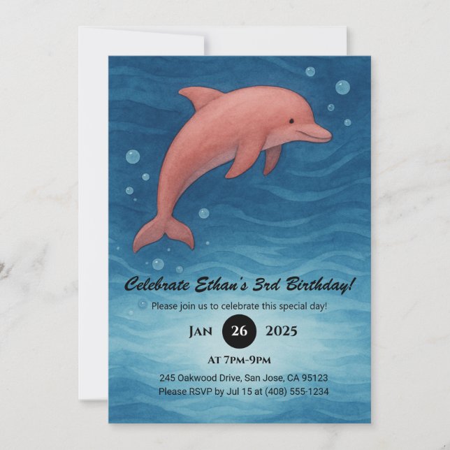 Rosa Dolphin & Deep Blue Ocean Waves Geburtstag Einladung (Vorderseite)