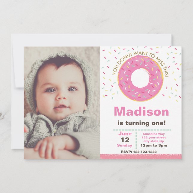 Rosa Donut Einladung zum Geburtstag mit Foto (Vorderseite)
