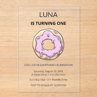 Rosa Donut Süßes Mädchen 1. Geburtstagsfeier  Acryleinladungen
