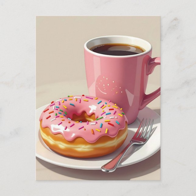 Rosa Donut und Kaffee | Behalt in Touch Postkarte (Vorderseite)