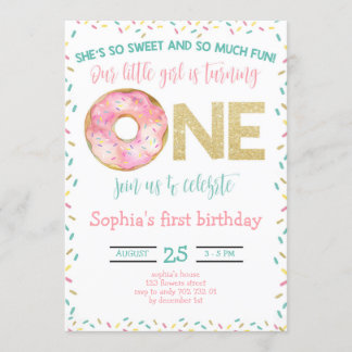 Rosa Donut Wasserfarben Mädchen 1. Geburtstag Einladung