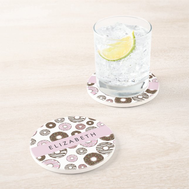 Rosa Donuts, braune Donuts, Sprinklen, Ihr Name Getränkeuntersetzer (Seite)