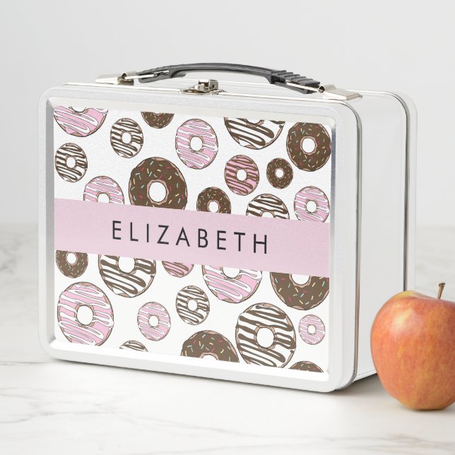 Rosa Donuts, braune Donuts, Sprinklen, Ihr Name Metall Brotdose (Beispiel)