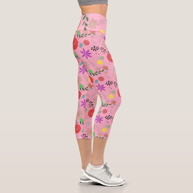 Rosa Doodle Kunst Spaß Blume / Blumen Capri Leggings (Rechts)