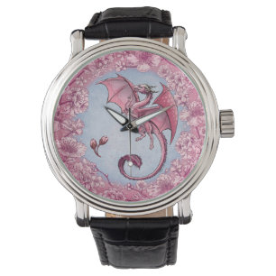 Rosa Drache der Frühlings-Natur-Fantasie-Kunst Armbanduhr