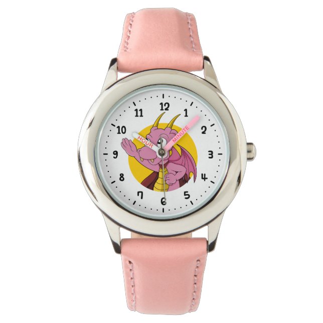 Rosa Drachenuhr Cartoon Armbanduhr (Vorderseite)