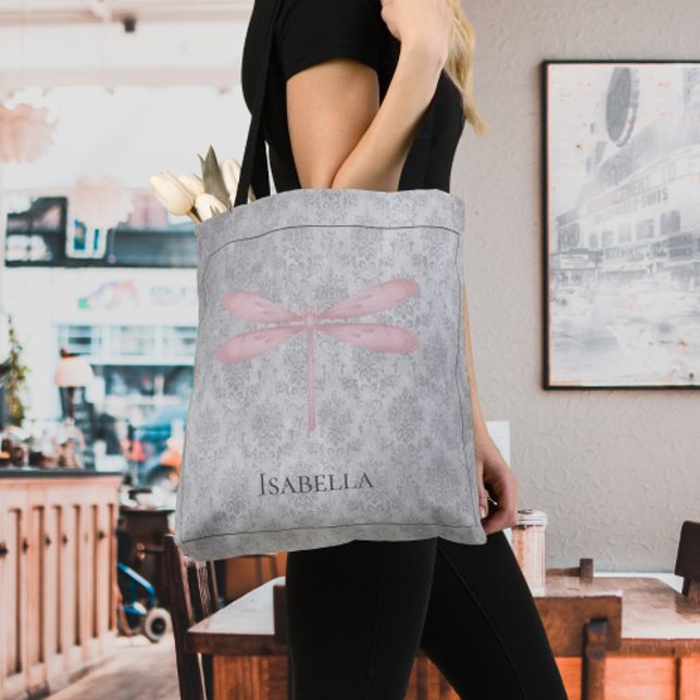 Rosa Dragonfly Damask (Pink Dragonfly Damask Tote Bag)