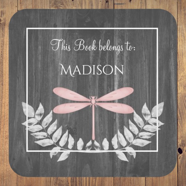 Rosa Dragonfly Rustikaler Buchsticker Quadratischer Aufkleber (Pink Dragonfly Rustic Book Sticker)