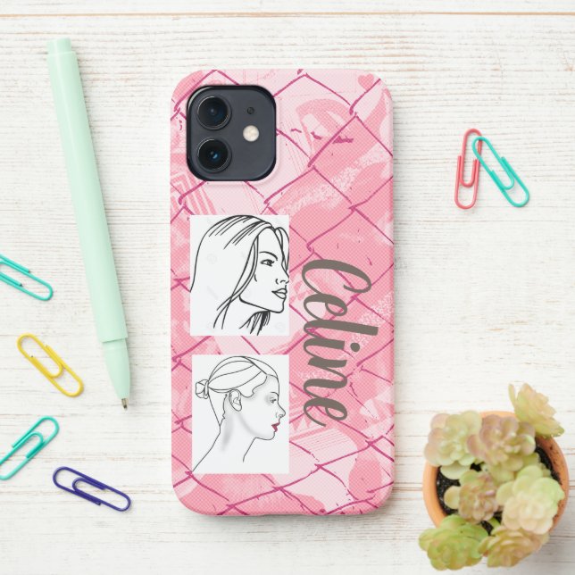 Rosa Drahtnetzhintergrund/bearbeitbare Fotos/Name iPhone Hülle (Auf dem Schreibtisch)