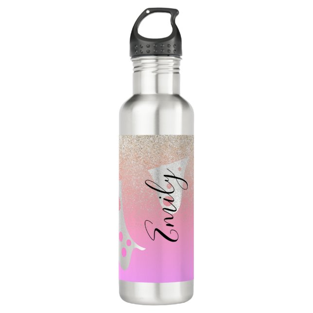 Rosa Drilling-Glitzern Mit Monogramm Name Edelstahlflasche (Vorderseite)