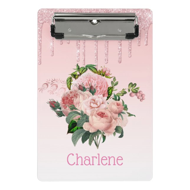 Rosa Driving Glitzer Blush Pink Bläschen Blumenstr Mini Klemmbrett (Vorderseite)