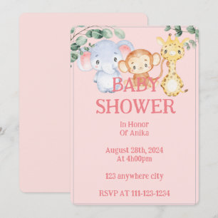 Rosa Dschungeltiere Baby Shower Einladung
