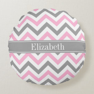 Rosa Dunkelgrau Weiß LG Chevron Grau Name Monogram Rundes Kissen