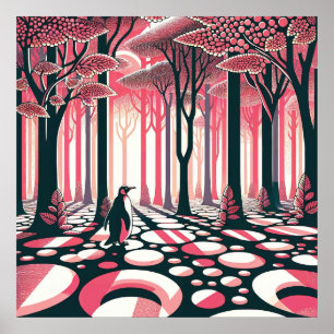 Rosa dunkler Pinguin Geometrische Nostalgie-Waldba Poster