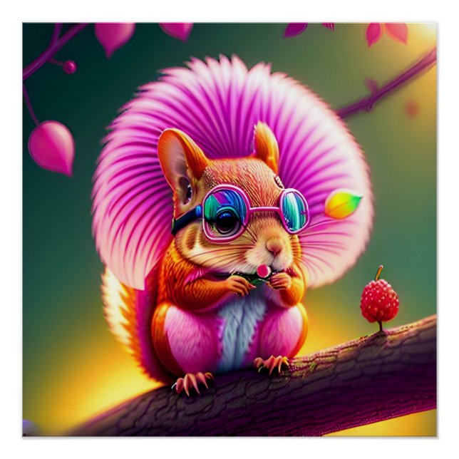 Rosa Eichhörnchen auf dem Zweig Poster (Vorderseite)