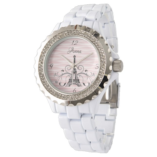 Rosa Eiffelturm Blüh Armbanduhr (Schrägansicht)