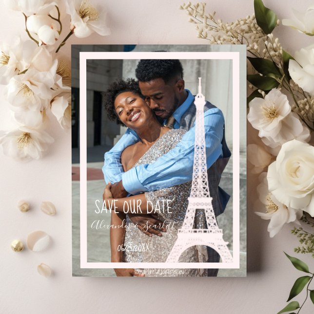 Rosa Eiffelturm Foto Ankündigung Datum freihalten (Pink Eiffel Tower Photo Save the Date)