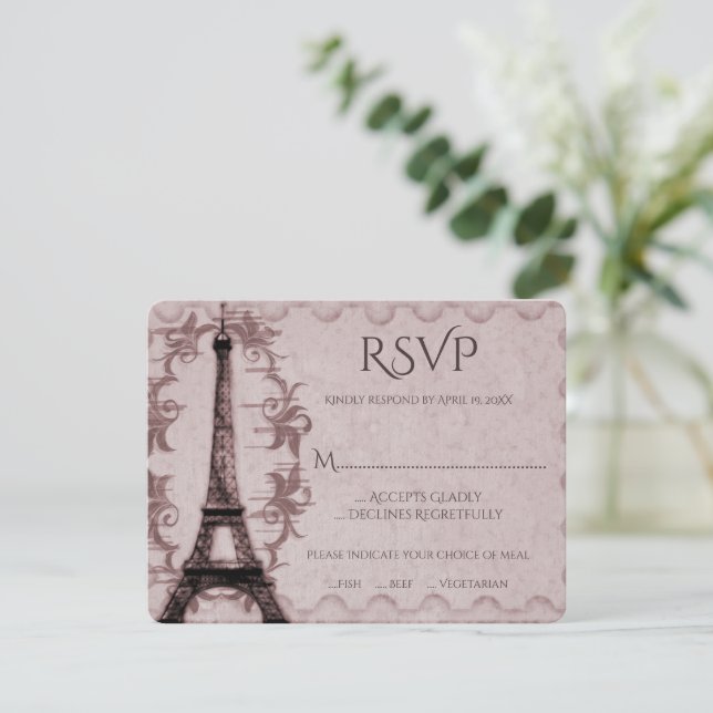 Rosa Eiffelturm-Hochzeitkarte RSVP (Stehend Vorderseite)