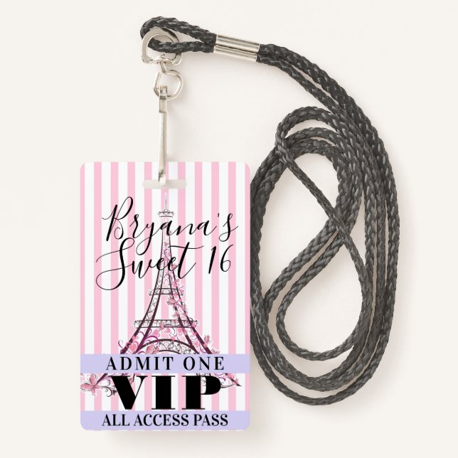 Rosa Eiffelturm Sweet 16 Party VIP Pass Abzeichen Ausweis (Vorderseite mit Schlüsselband)