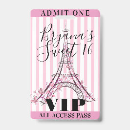 Rosa Eiffelturm Sweet 16 Party VIP Pass Abzeichen Ausweis