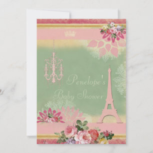 Rosa Eiffelturm und Chandelier Girl Baby Dusche Einladung