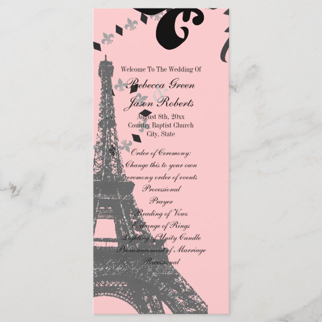 Rosa eiffelturm Vintage Paris Hochzeitsprogramme Programm (Vorderseite)