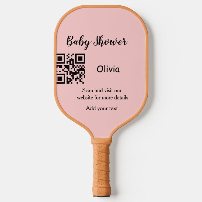 Rosa einfache Babydusche q r Code hinzufügen Name  Pickleball Schläger (Vorderseite)