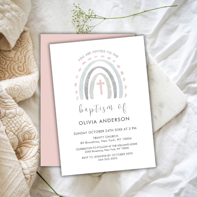 Rosa einfache Boho-Regenbogenkreuz Girl-Taufe Einladung (Pink Simple Boho Rainbow Cross Girl Baptism Invitation)