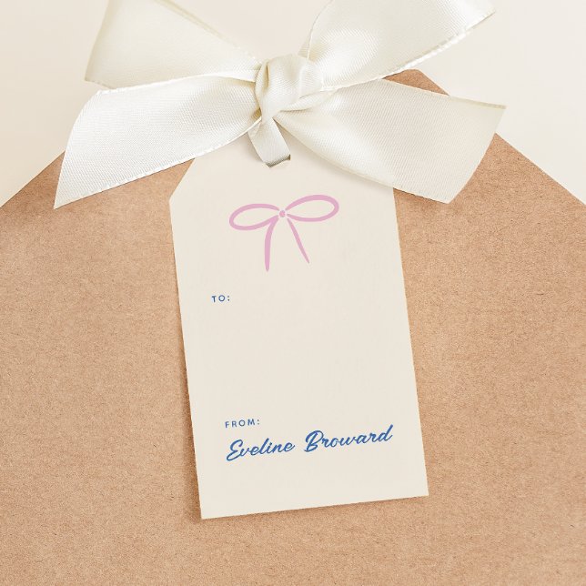 Rosa einfache Bow-Blank-Markierung Geschenkanhänger (everyday gifts tag featuring a simple pink bow and soft blue personalized text with a pattern)
