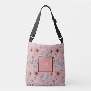 Rosa einfaches Blumenmuster Vintage Boho Monogramm Tragetaschen Mit Langen Trägern