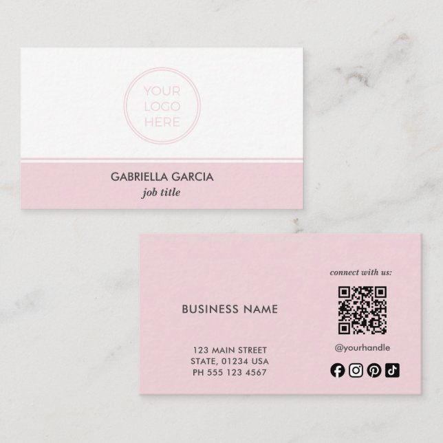 Rosa einfaches Logo QR-Code Social Media Visitenkarte (Vorne/Hinten)