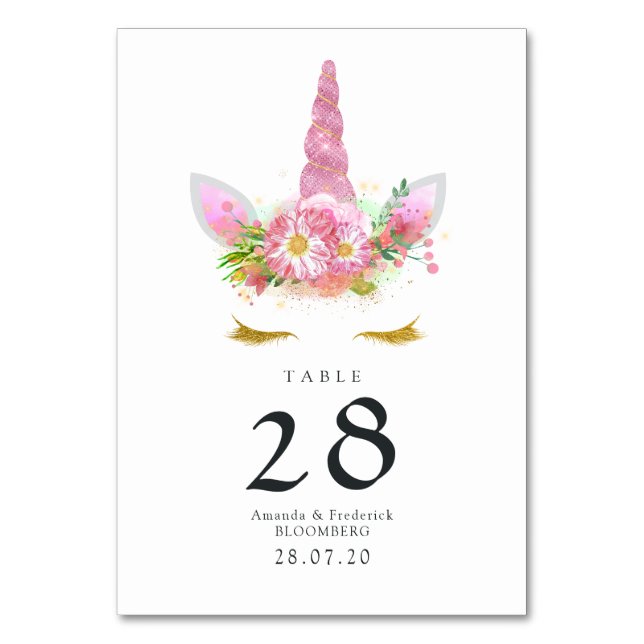 Rosa Einhorn-Baby-Shower mit Blumenmuster Tischnummer (Vorderseite)