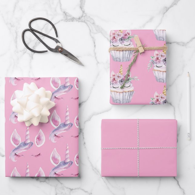 Rosa Einhorn Blumen Cupcake Geburtstag Geschenkpapier Set (Vorderseite)