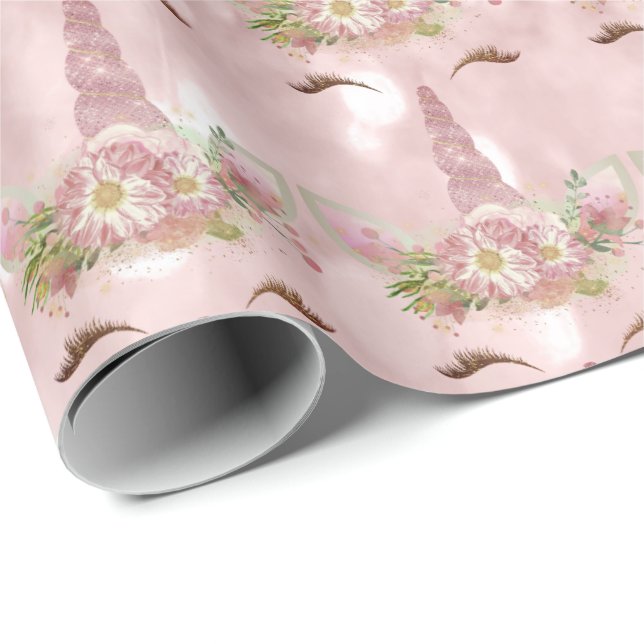 Rosa Einhorn Glitzer Bläsergoldblüte Süß 16. Geschenkpapier (Rolleneckpunkt)