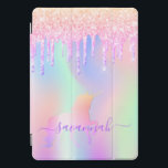 Rosa Einhorn-Glitzer-Tropfen irisierende Rose Gold iPad Pro Cover<br><div class="desc">Ein trendiger, irisierender Hintergrund mit Einhorn- und Regenbogenpastellfarben in Rosa, lila, Rose Gold, Minzgrün. Dekoriert mit Imitaten Glitzer Tropfen in Rose Gold, Rosa, lila und Regenbogen gefärbt Einhorn. Lila Buchstaben. Personalisieren Sie Ihren Namen und fügen Sie ihn hinzu. Der Name wird mit einem modernen handgeschriebenen Stilskript mit Swashes geschrieben. Um...</div>