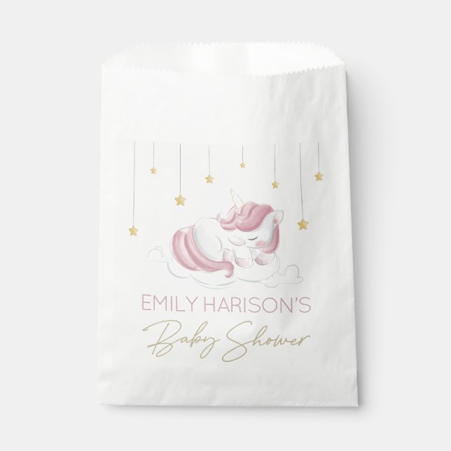 Rosa Einhorn Gold Stars Kinderdusche Geschenktütchen (Vorderseite)