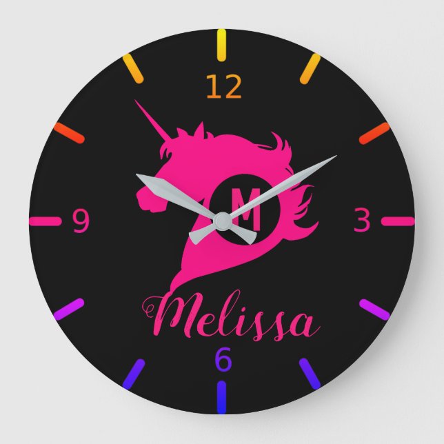 Rosa Einhorn Große Wanduhr (Vorderseite)
