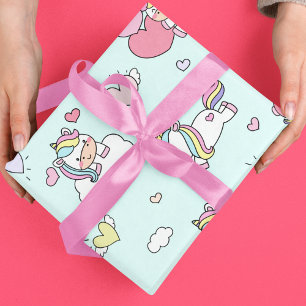 Rosa Einhorn Herz Muster Blau Hintergrund Geschenkpapier